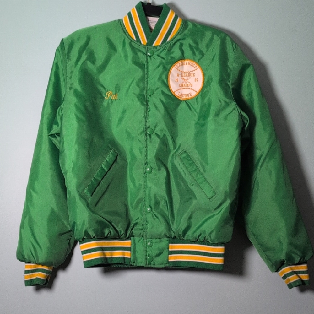 Vintage 80s Green Satin Varsity Letterman Jacket Snap Sz Sm Pat Cedarwood Lounge